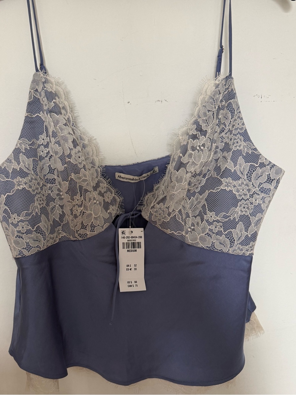 Abercrombie & Fitch Dusty Blue Satin Camisole with Ivory Lace NWT SIZE M